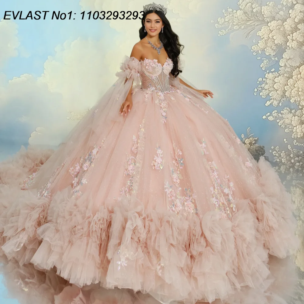 

EVLAST Customized 2026 Pink Ball Gown Quinceanera Dress Floral Applique Beading Tiered Bow Sweet 16 Vestidos De 15 Anos E1QN262