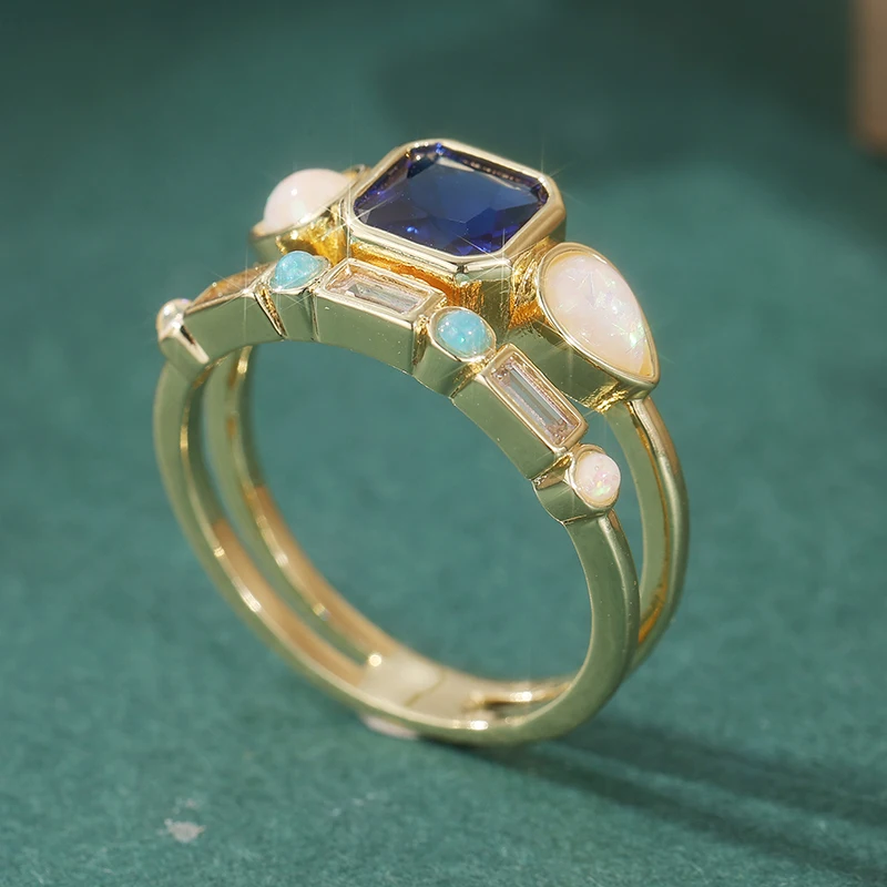 Eleganter Eingelegter Faux-Opan Blauer Zirkon Damenring Trendiger Goldfarbener Geometrischer Alltags- und Partyschmuck Jubiläumsgeschenk – Detail 4