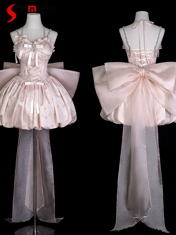 

Sweet Cute High-end Princess Birthday Party Dresses V-neck Sleeveless Bead Chain High Waist Lace-up Bow Lolita Puffy Dress Women