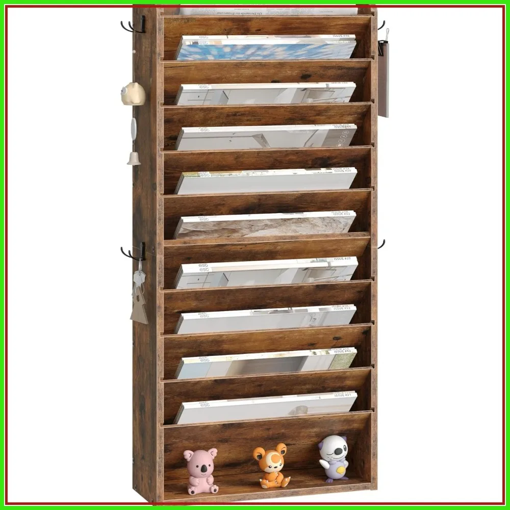 

10-Tier Wall File Organizer with 4 Side Hooks, Vertical Mail Holder for Office, Rustic Brown
