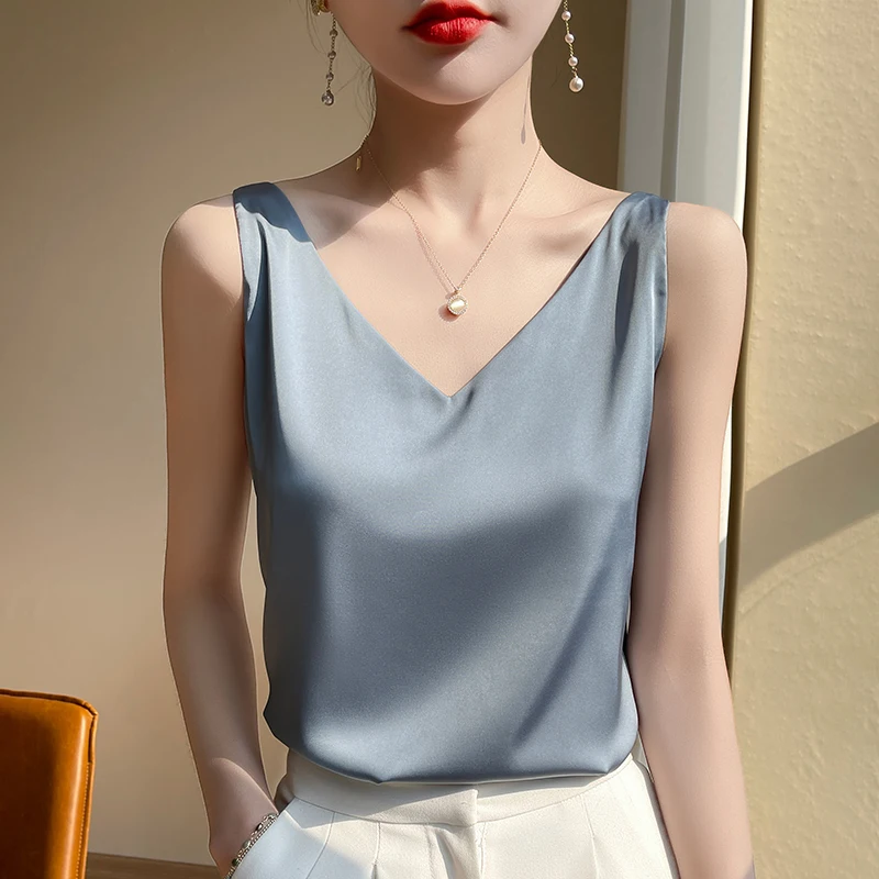 Women Tops Solid Spring Summer Casual Basic Tops Sexy V-neck Tank Tops Office Lady Black White Top 2026 Fashion Korean Tank Top
