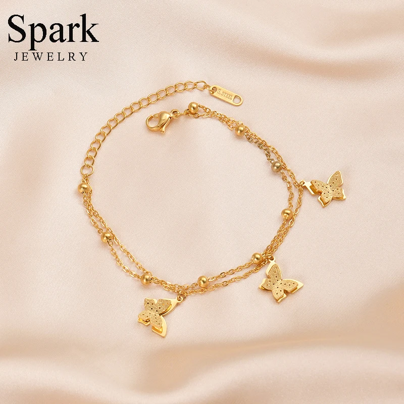 Spark Double Layer Butterfly Grinding Shiny Bling Bling Bracelet Stainless Steel Gold Color For Women Birthday Jewelry Gift