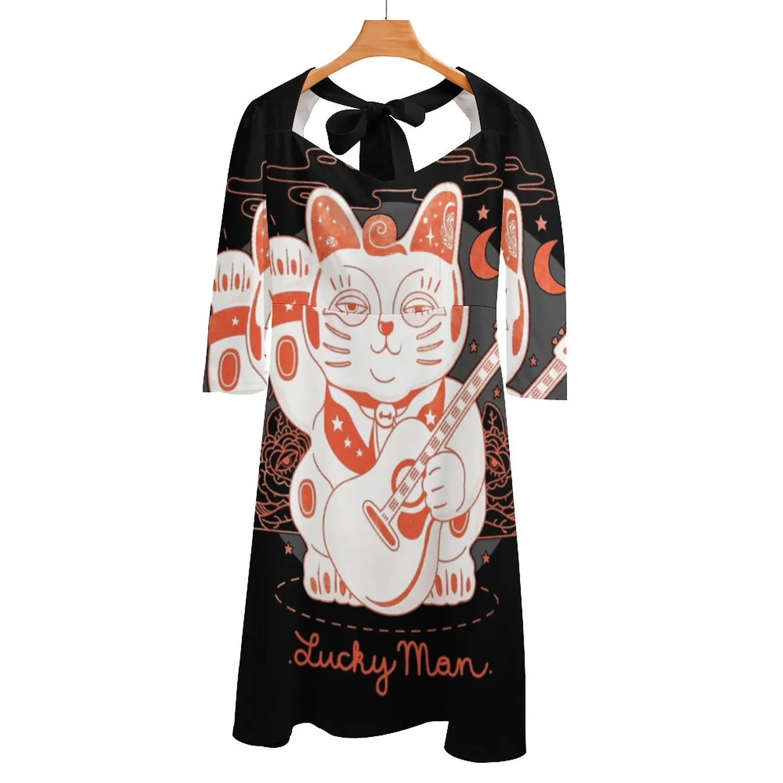 Lucky Maneki Neko Orange Version Back Lacing Backless Dress Square Neck Dress Fashion Printed Dress 6Xl Maneki Cat Lucky Luck