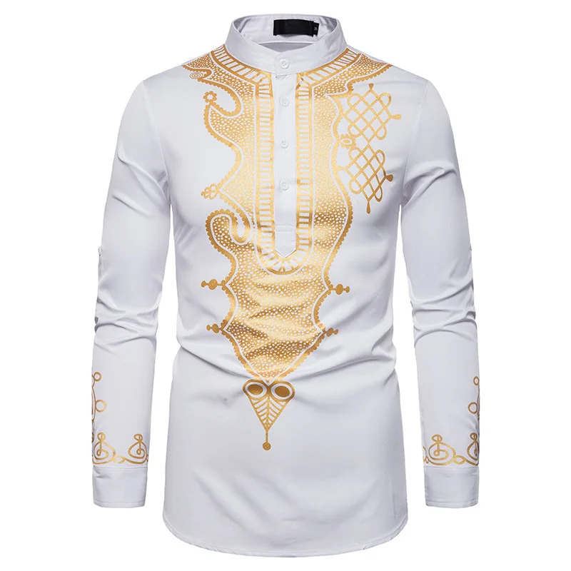 Foreign Trade Men's Gilded Printed Standing Collar Long Sleeved Shirt Totem Muslim Straight Tube Long Shirt