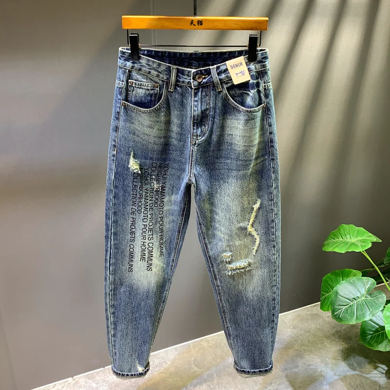 Осень/зима 2022, новые мужские модные джинсы с нашивками для пирсинга и свободные брюки с буквенным принтом