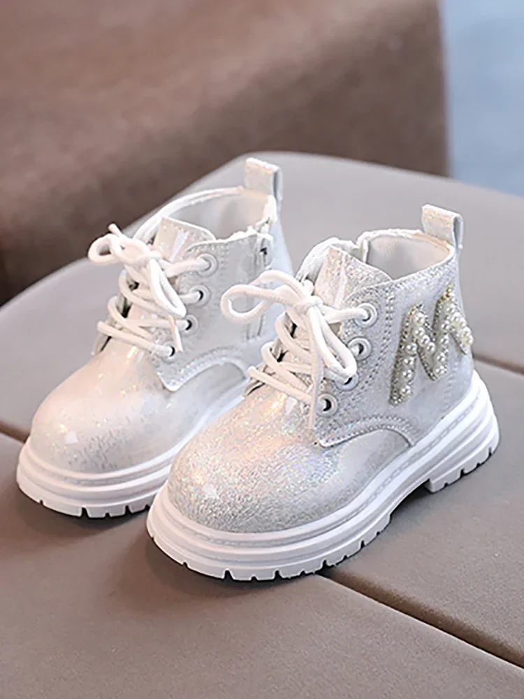 Kids Fashion Rubber Boots Cool Autumn/Winter Cotton soft sole Glitter leather M Pearl Style Zipper Girls\' shoe