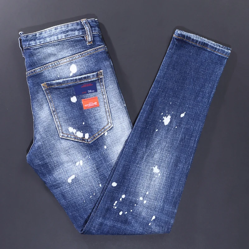 Street Fashion Men Jeans Retro Blue High Quality Elastic Slim Fit Ripped Jeans Men Painted Designer Hip Hop Brand Pants Hombre