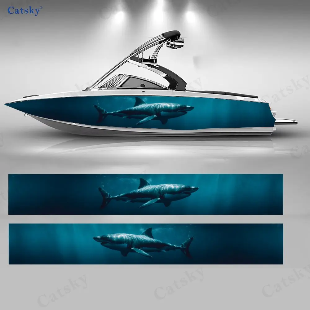 2pcs Mysterious Shark Boat Body Sticker | Self-Adhesive Easy-Apply PVC, High Definition Printing, Waterproof Vinyl Decal