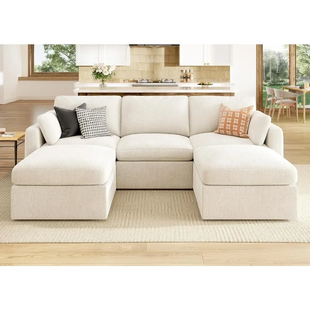 

U-shaped living room combination sofa with storage seat, modular combination sofa with storage footstool, beige