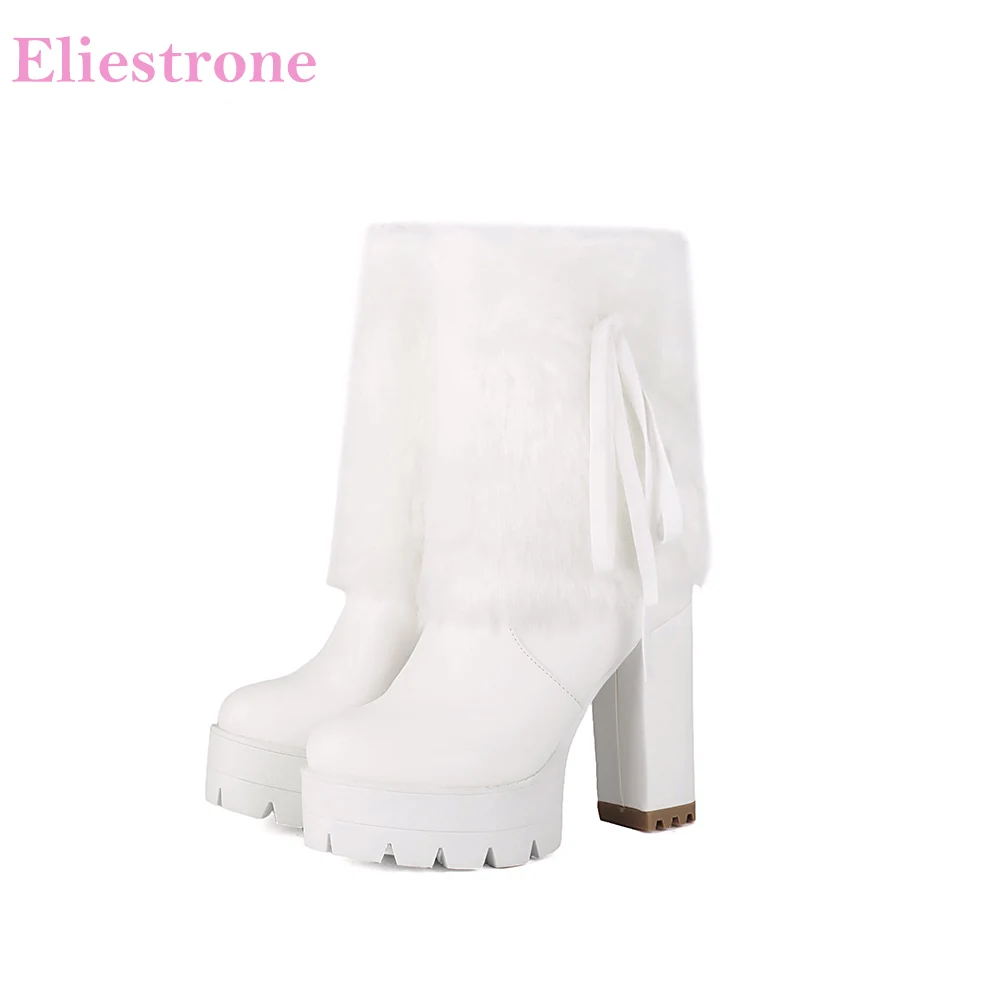 

2025 Новые зимние милые белые черные женские ботинки до середины икры на платформе с круглым носком на высоком каблуке Женские модельные туфли Плюс Большой размер 12 43 48 50