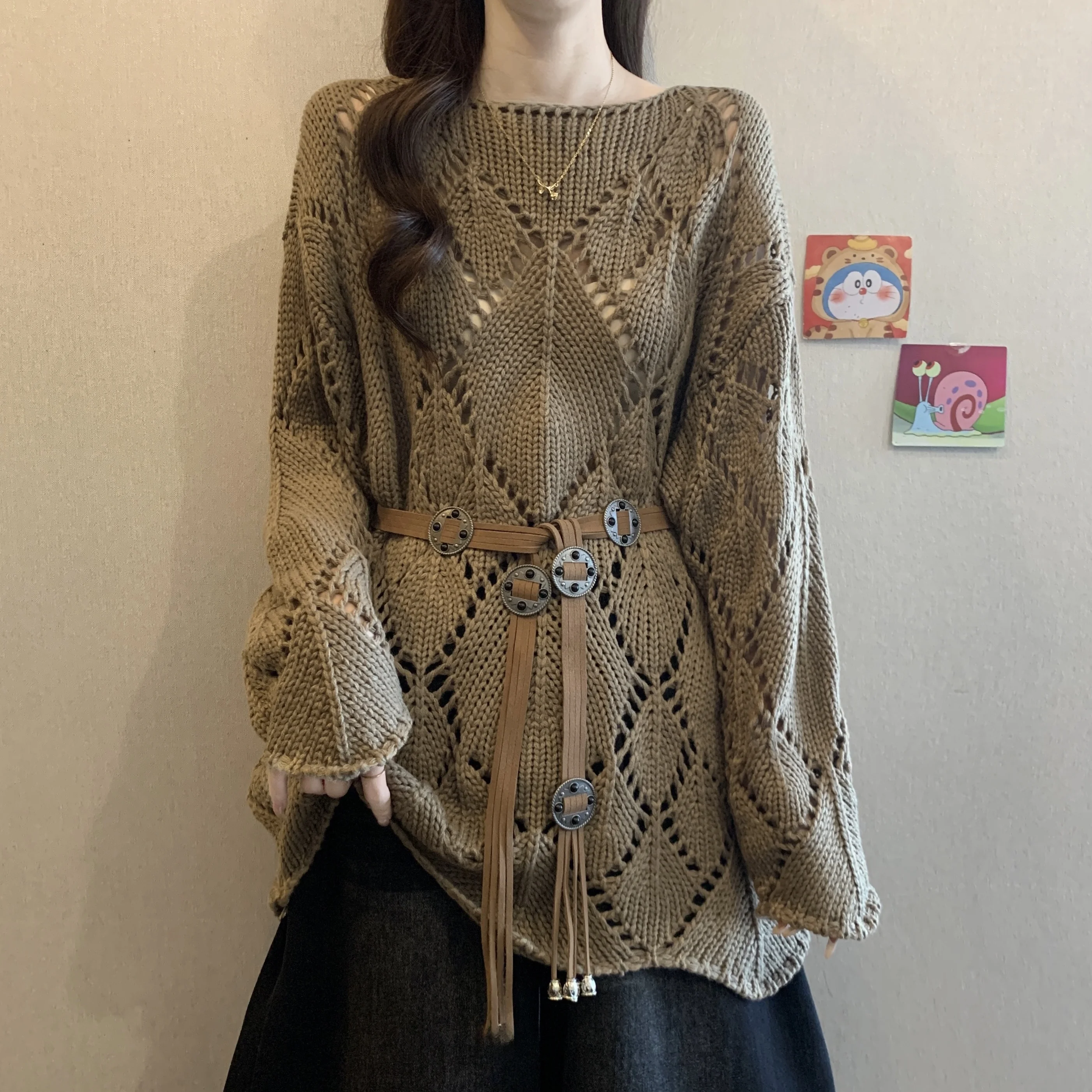 

Women's Knitted Long Sve Sweater Coat Hollow out Belted Waist Slimming Mid-Length Commute Sle Korean Loose Fit Wool Blend