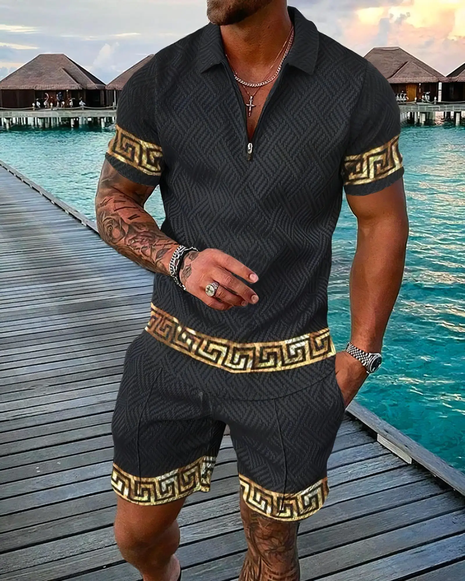

Casual Polo With zipper, T-shirt, streetwear, 3D Coconut Tree Print men's suit, short-sleeved Polo shirt, shorts, two-piece Suit