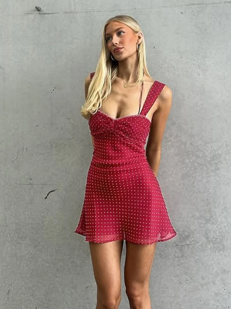 

Dot Print Summer Dress Women Clothing Lace-up Neck-mounted One Piece Sexy Streetwear Low Cut Vestidos De Mujer Mesh Lady Outfit