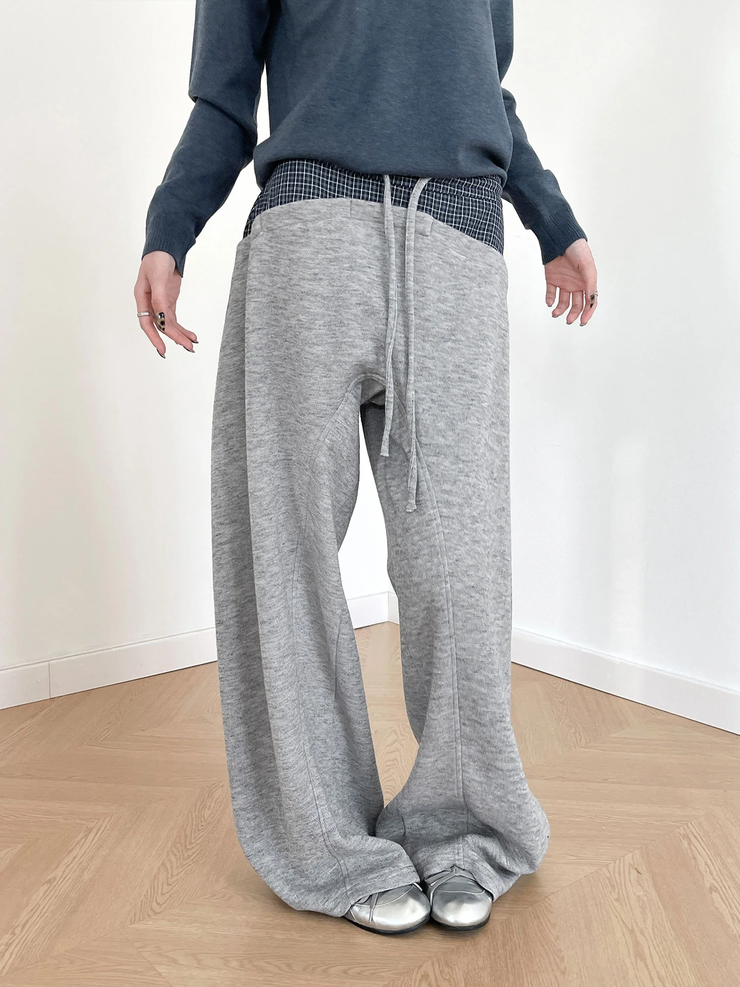 

Inbeowroom Design Plaid Patchwork Casual Loose Men's Women's Sweatpants Asymmetrical High Waist Wide Leg Pants