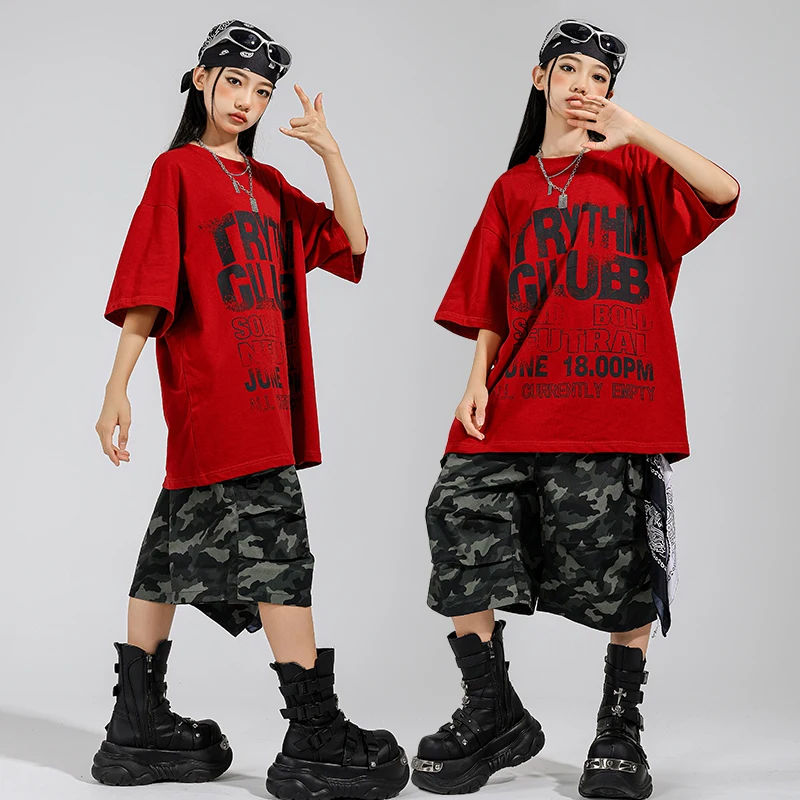 Ragazzi Hip Hop T-shirt allentata Pantaloncini mimetici Street Dance Ragazze K-pop Cargo Jogging Costume jazz Abbigliamento per bambini Set Kid Streetwear