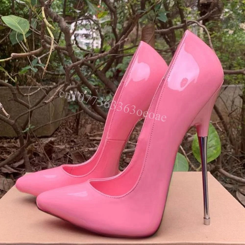 Metal Heels Pink Pumps Patent Leather Shallow Shoes for Women Thin High Heels Fashion Shoes for Party 2025 Zapatos Para Mujere