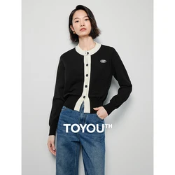 TOYOUTH Women Knit Cardigan 2024 Spring New Round Collar Contrast Color Single Breasted Button Long Sleeve Sweater Outwear Tops