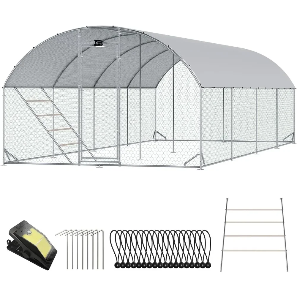 

Chicken Coop Large Metal Chicken Run with Full-Top Waterproof Cover, Chicken House for 32/40 Chickens, Poultry Cage with Solar