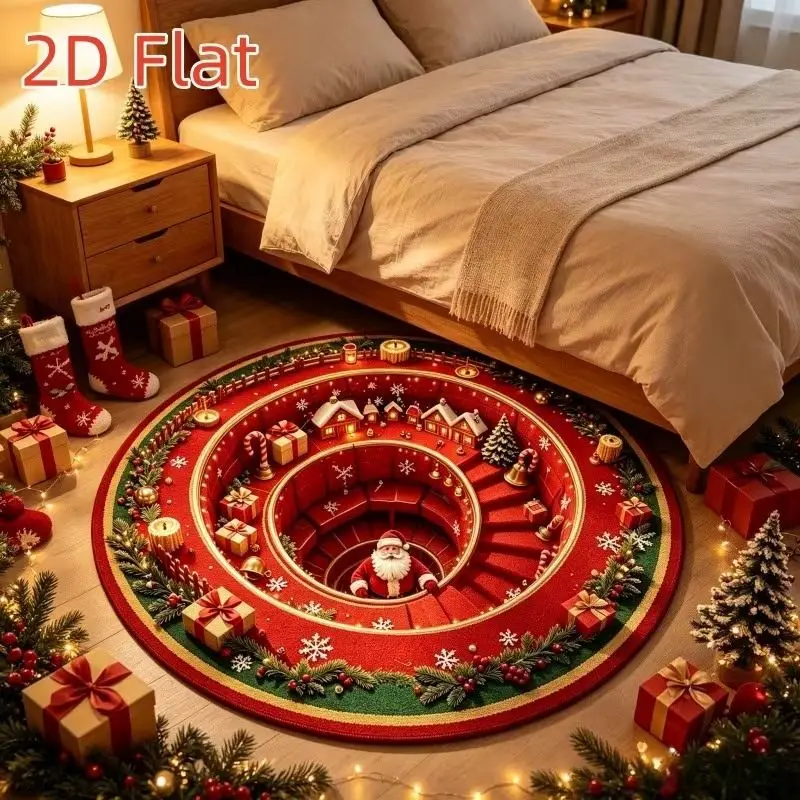 VIKAMA Santa Claus Round Rug with Cutouts, Creative 2D Printed Plush Non-Slip Living Room Rug, Indoor Christmas Holiday Decor