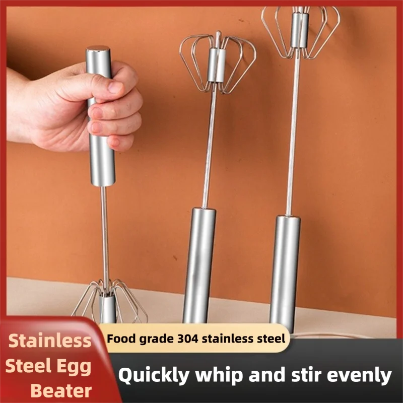 Stainless Steel Semi-Automatic Egg Beater, Manual Hand Self-Turning Mixer Whisk for Cream Kitchen Egg Tools