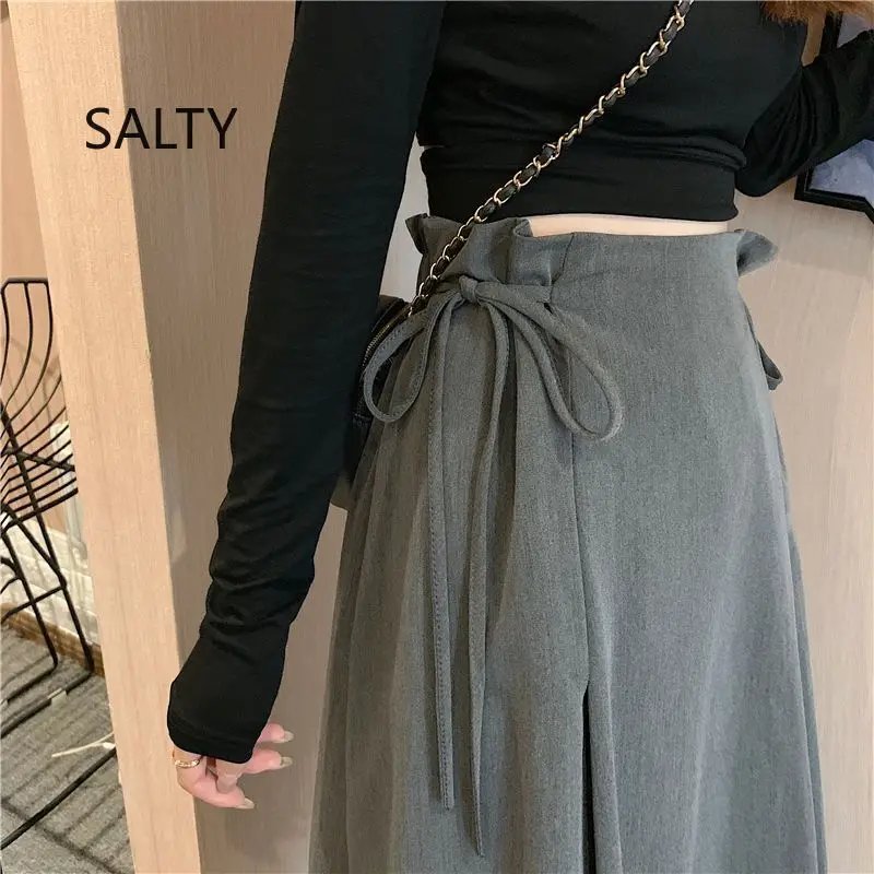2025 New Korean Skirt Women Solid Mid-length Pleated Skirt Black and Grey Lace-up Skirt Female Long Skirts for Woman