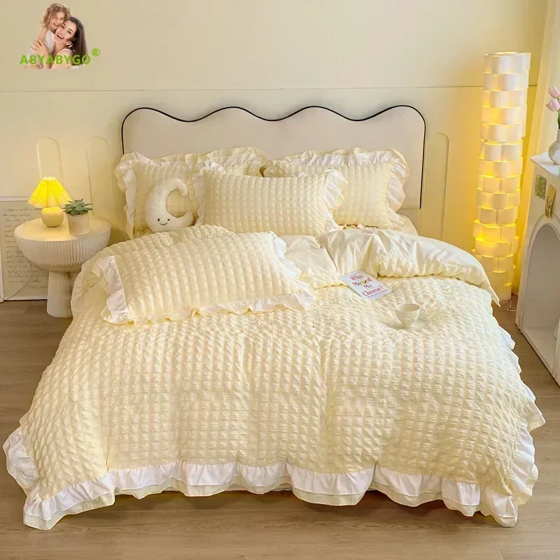 Luxury Ruffled Seersucker Duvet Cover Set Soft Solid Color Bedding Set with Bed Sheet Pillowcases Queen King Size Bedding Set