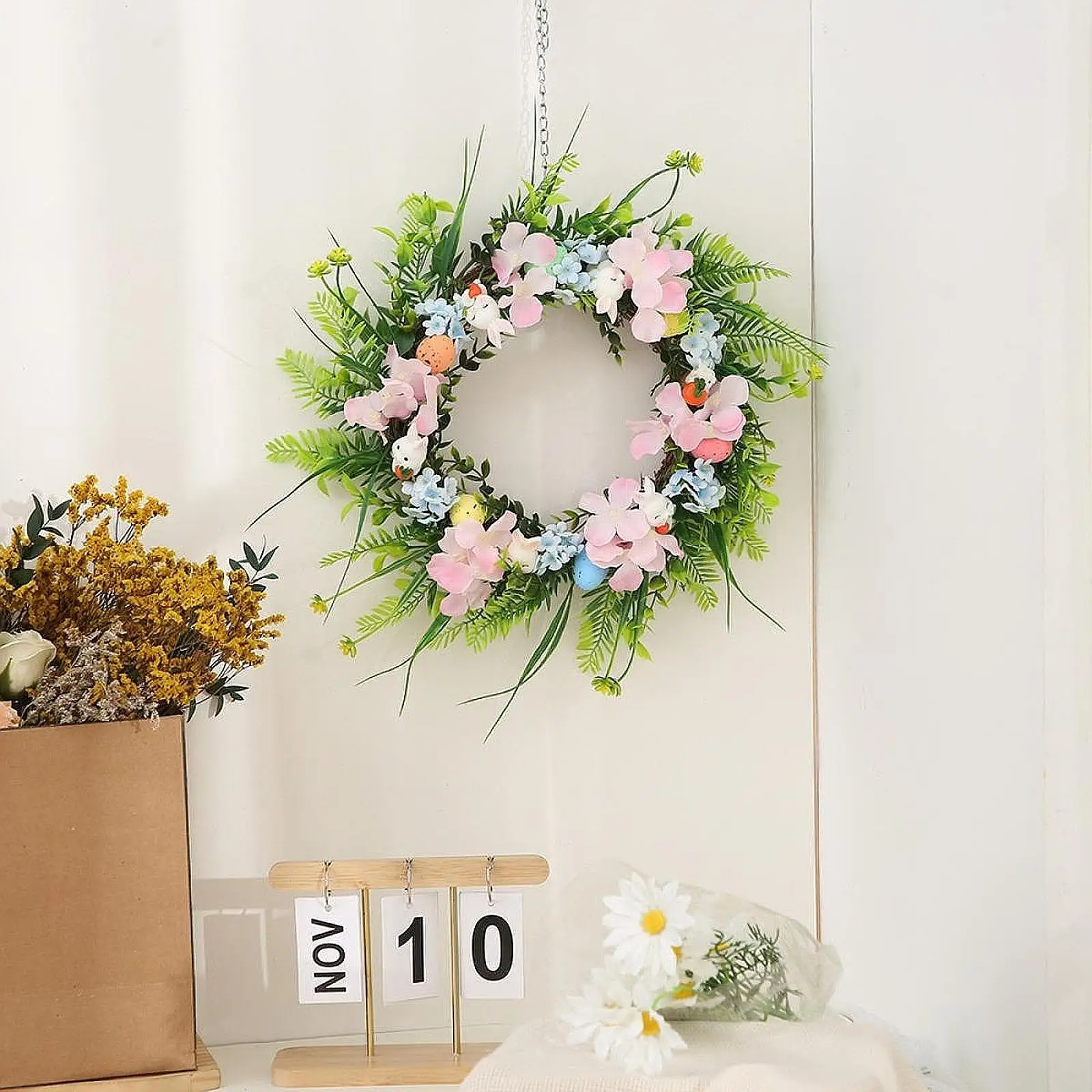 

Artificial Spring Flower Wreath Easter Egg Decor for Wall Farmhouse Window