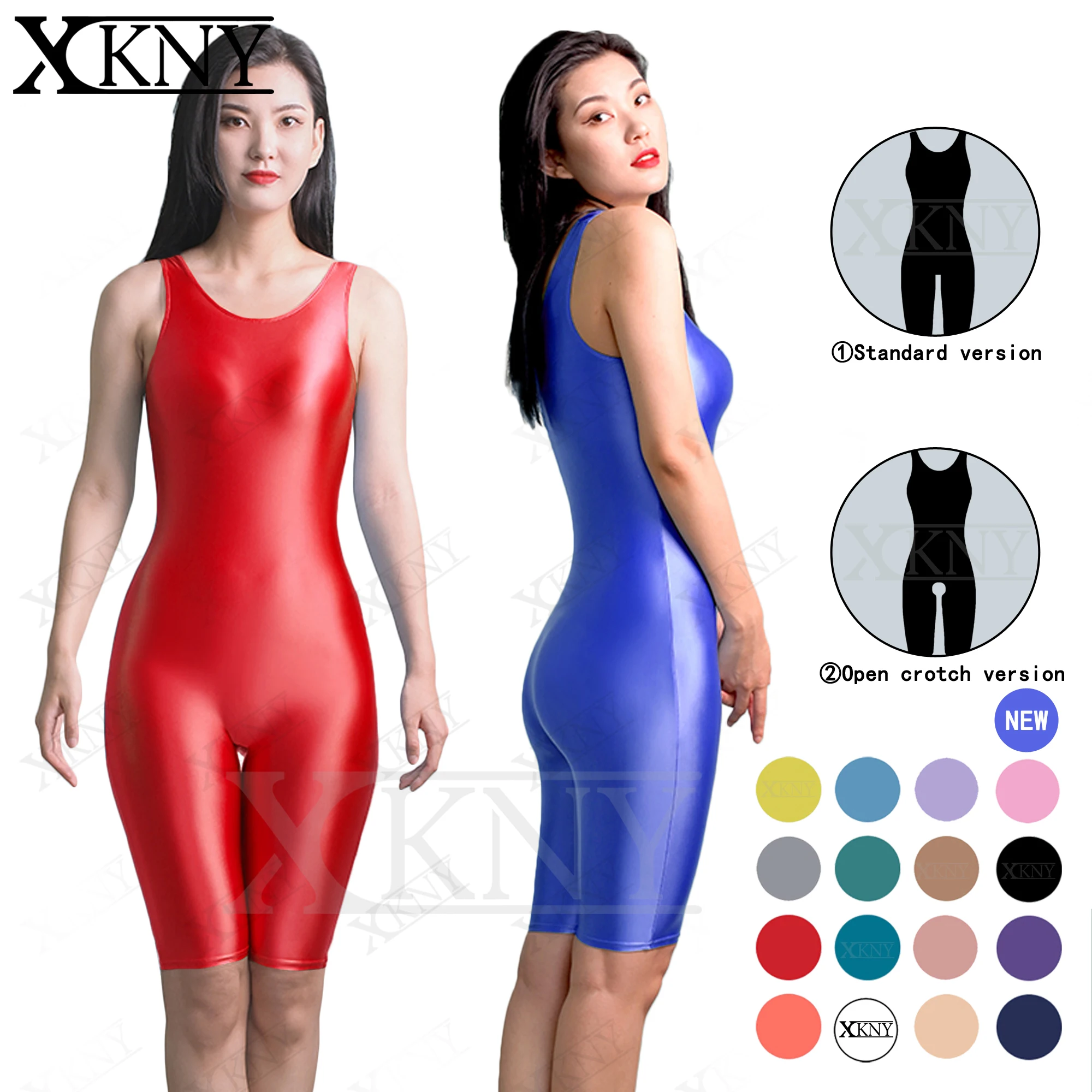 XCKNY-Bodysuit De Colete Oleoso De Cetim Brilhante, Virilha Aberta, Swimsuit Esportes Siamês, Calças De Yoga Brilhante