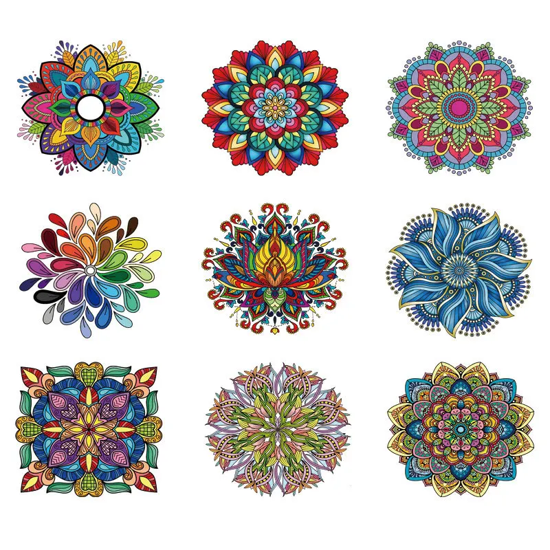 Colorful Flower Mandala Flowers Heat Transfer Vinyl Stripes Thermal Stickers On Clothes Fusible Iron On Patches Custom Patch