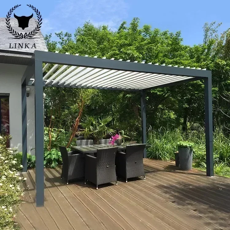 Outdoor garden aluminum retractable louvered roof  pergola retractable windproof gazebo With LED light belt, electric curtain