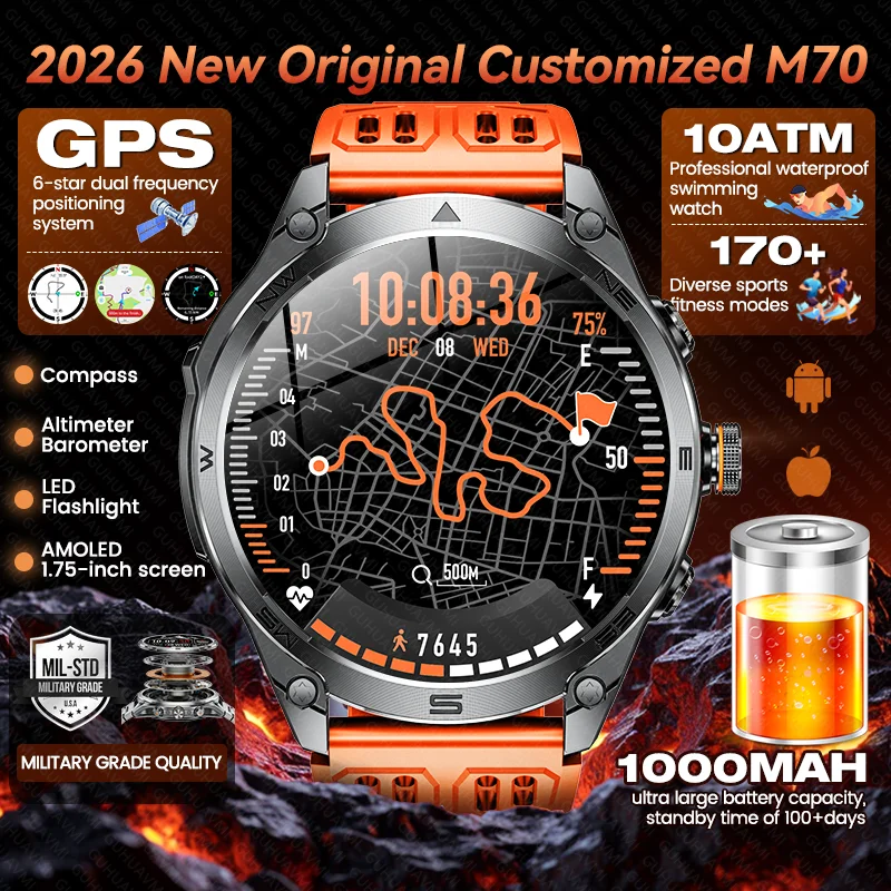 

2026New Original Outdoor GPS Smart Watch 1000mAh Battery 10ATM Waterproof Bluetooth Call 170+sport Mode Men Customize Smartwatch