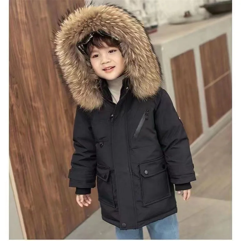 -30℃ Winter Kids Padded Jacket Children Thick Plus Velvet Warm Parkas Coat Boys Girls Fur Collar Hooded Cotton Clothes Outerwear