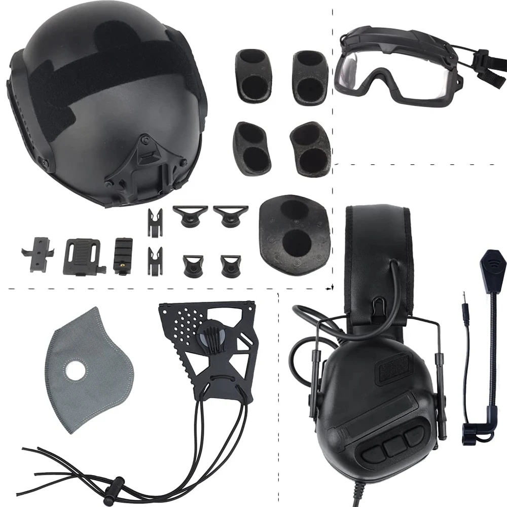 Tactical Fast Helmet Set, Adjustable Mask Goggles and Noise Canceling Headphones for Outdoor Airsoft Paintball Shooting CS Games