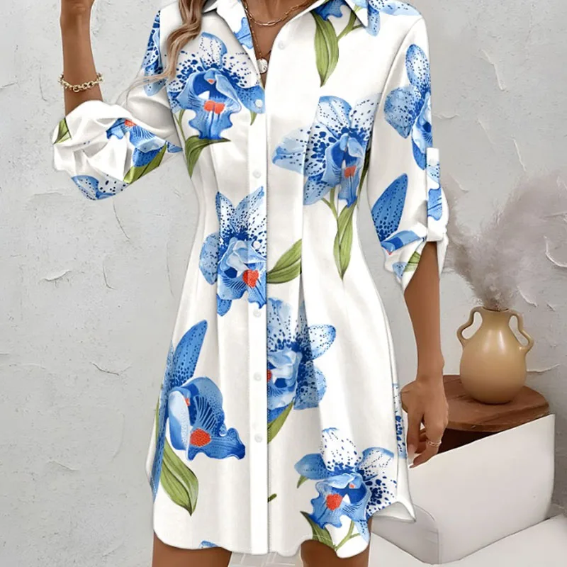 Fashionable and elegant ladies printed lapel button-down shirt dress, simple temperament, all-match commuter loose long skirt