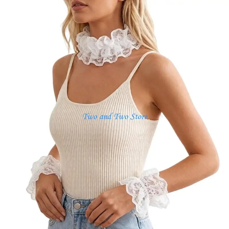 HX6F Ruffle Collar Choker Wrist Cuffs Halloween Cosplay Costumes Clown Costume Lace Collar and Cuffs Set, White Ruffle Costume