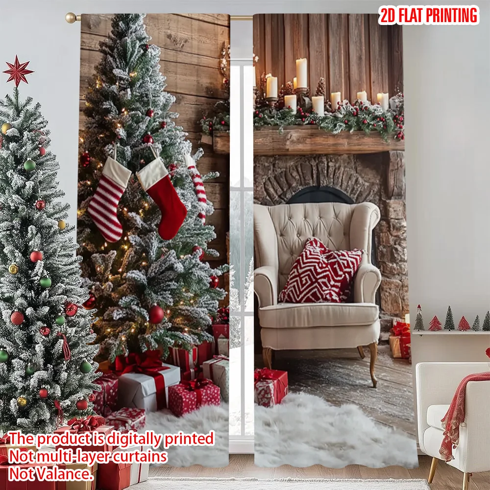 

2pcs 2D flat printing Merry Christmas Popular Drapes Winter snow Christmas tree 00 Durable Polyester Without Electricity Festive