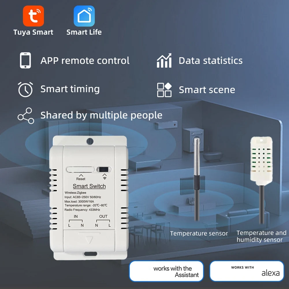 

【Горячие продажи!】Tuya Zigbee Smart Switch 16A Умный беспроводной термостат с датчиком температуры 2M поддерживает голосовое управление