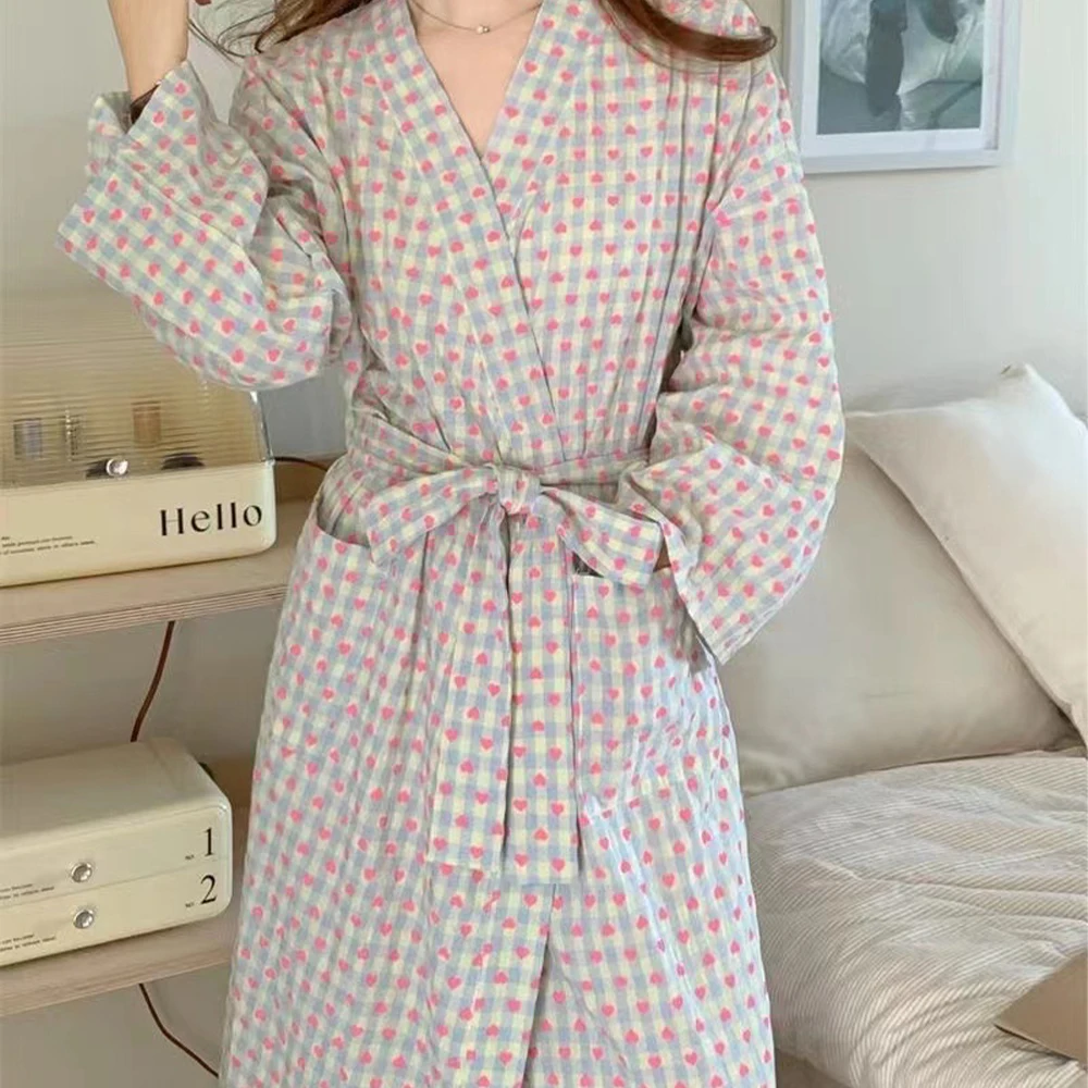 Robe Bathrobe Women Cute Heart Print Robe Pajamas For Women Sleepwear Robes Pockets Long Sleeve Home Wear