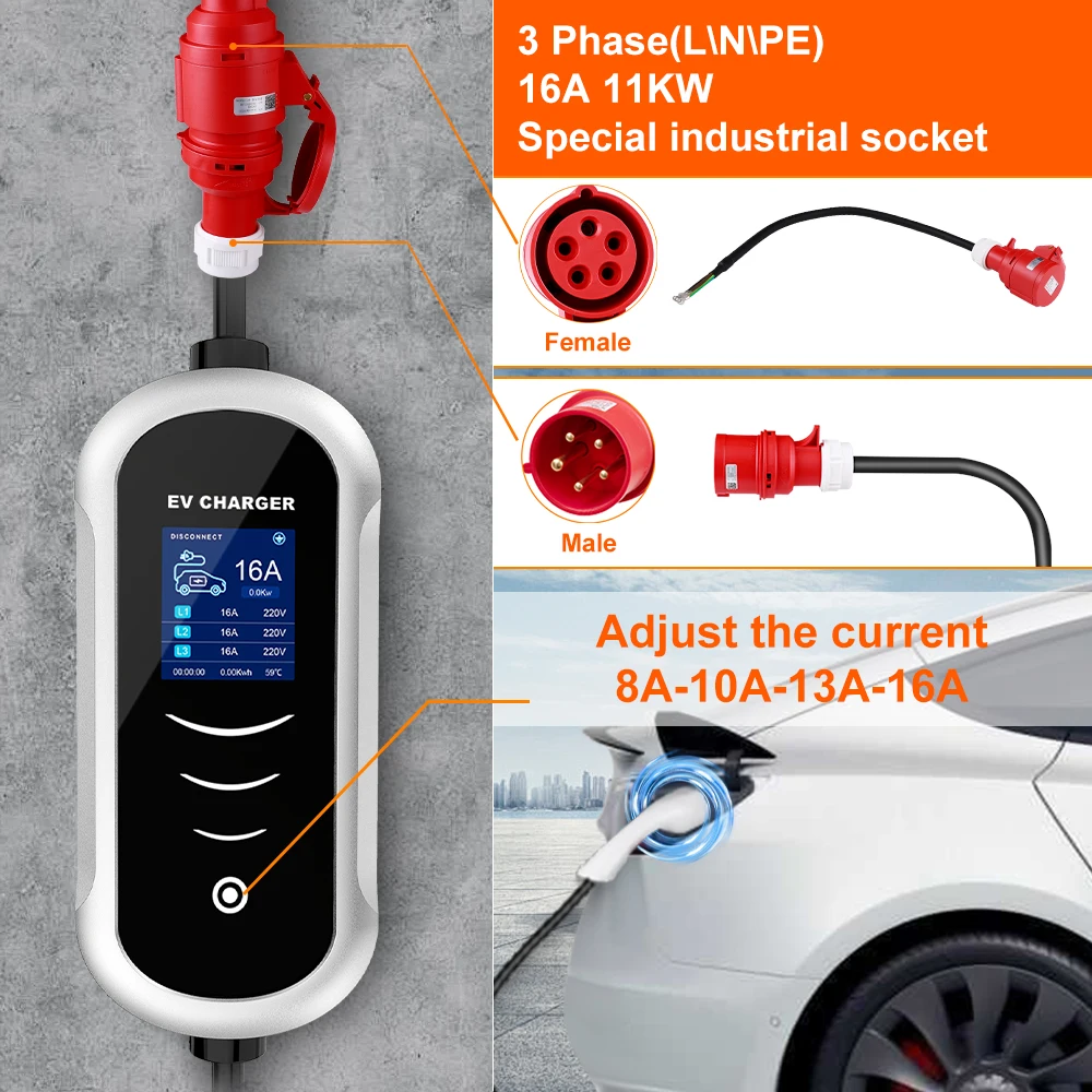 IPENGEN Type 2 Portable EV Charger 7KW 32A 11KW 16A Wallbox EVSE Fast Charging Cable CEE Plug for Electric Vehicle Cars