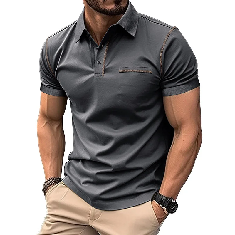 

Solid Color Short Sleeve Men's Polo Shirt Fashionable Business Casual Patchwork Collar Top Breathable Daily Sports T-shirt