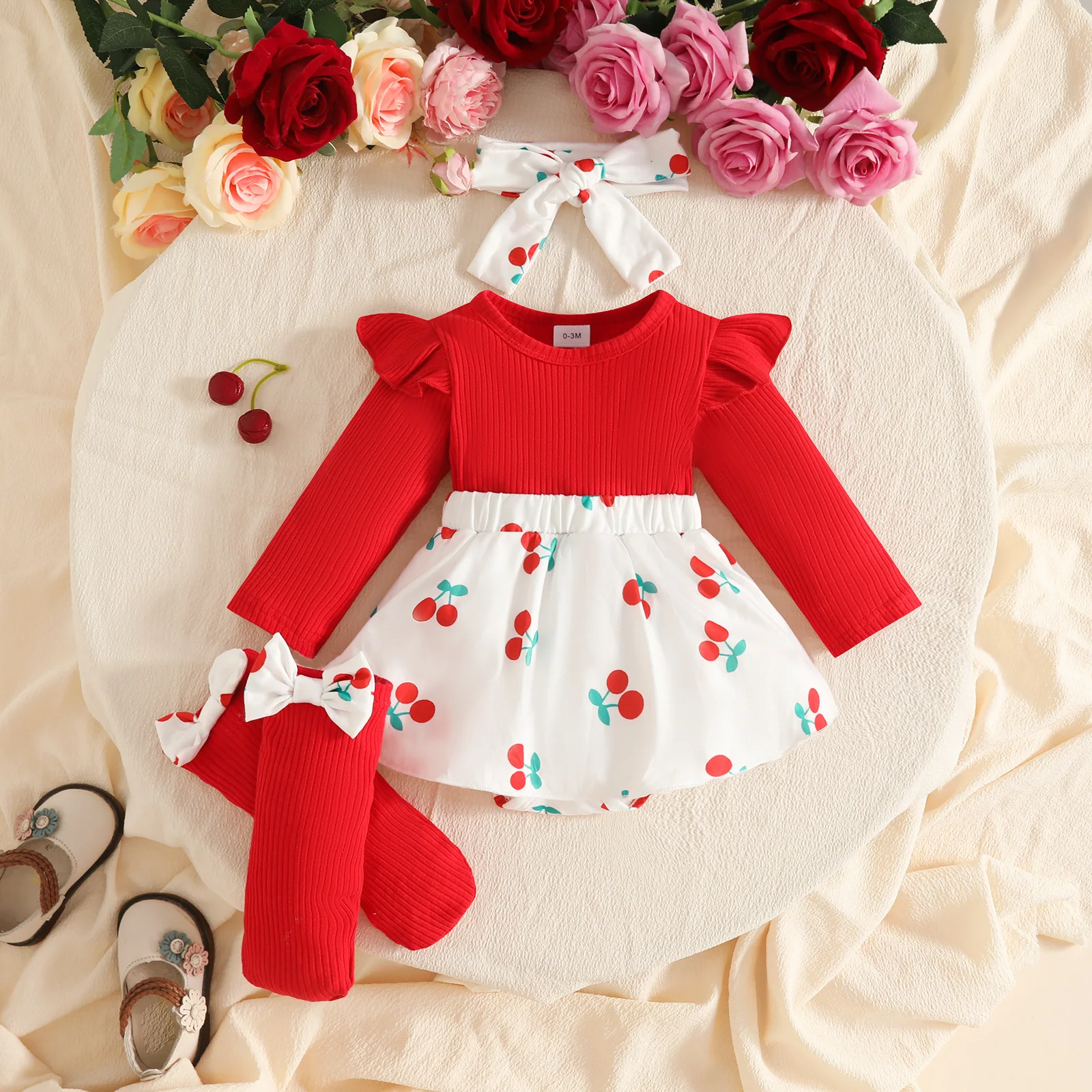Newborn Baby Cherry Bodysuit Dress Ruffle Long Sleeve Sweet One Pieces + Socks+Bow Headband Infant Photoshoot Outfit