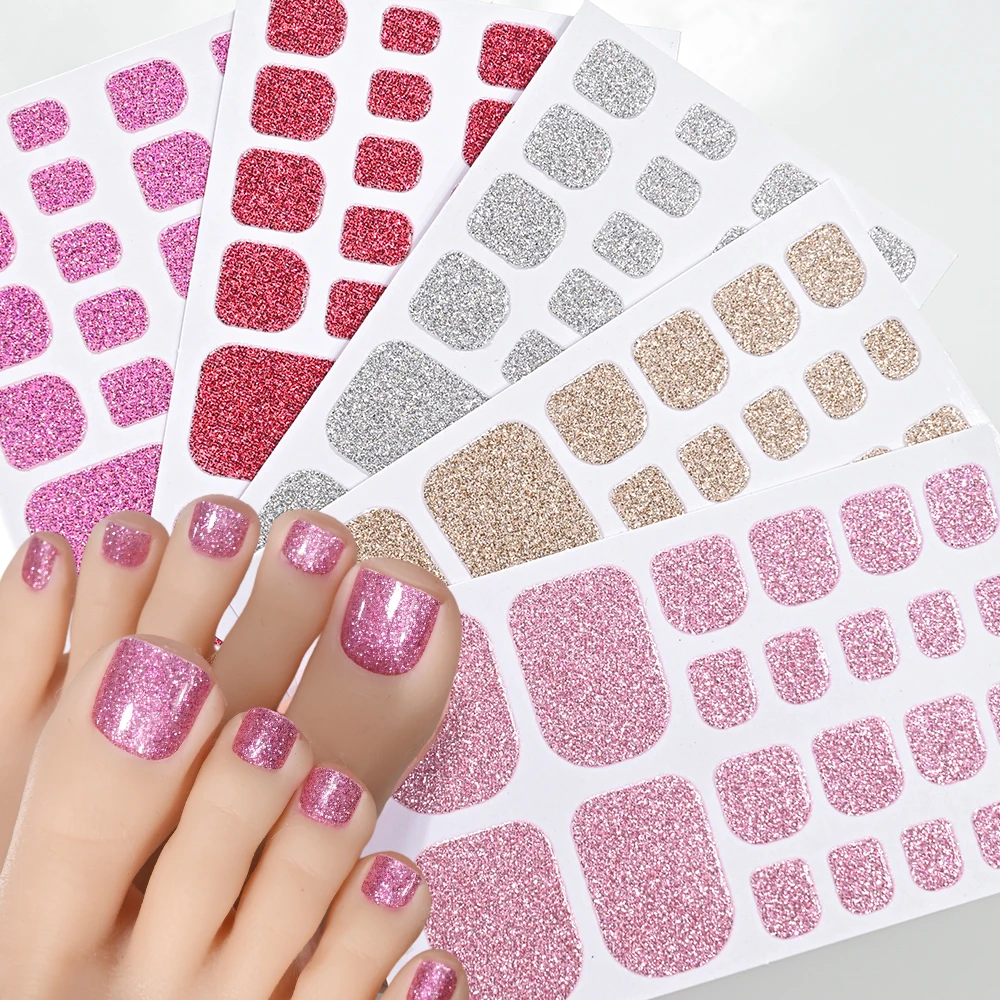 22tips Toe Nail Sticker Wraps Adhesive Decals Baking Free Glitter Toenail Polish Strips Women Summer Full Cover DIY Foot Decals