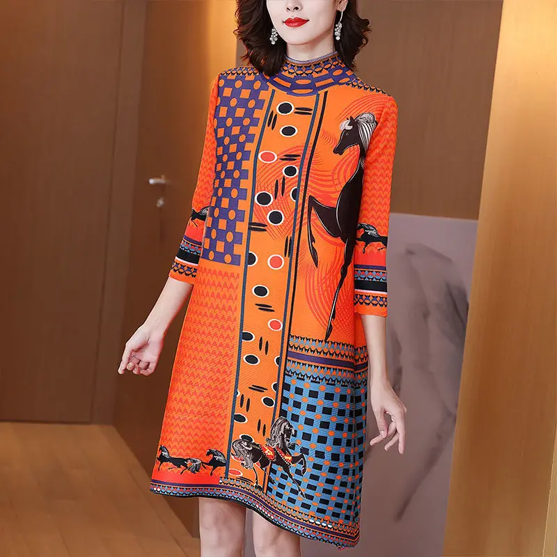 Fashion retro plexue dress female 2023 spring national wind printed high-end foreign air large A word skirt long sleeve dress