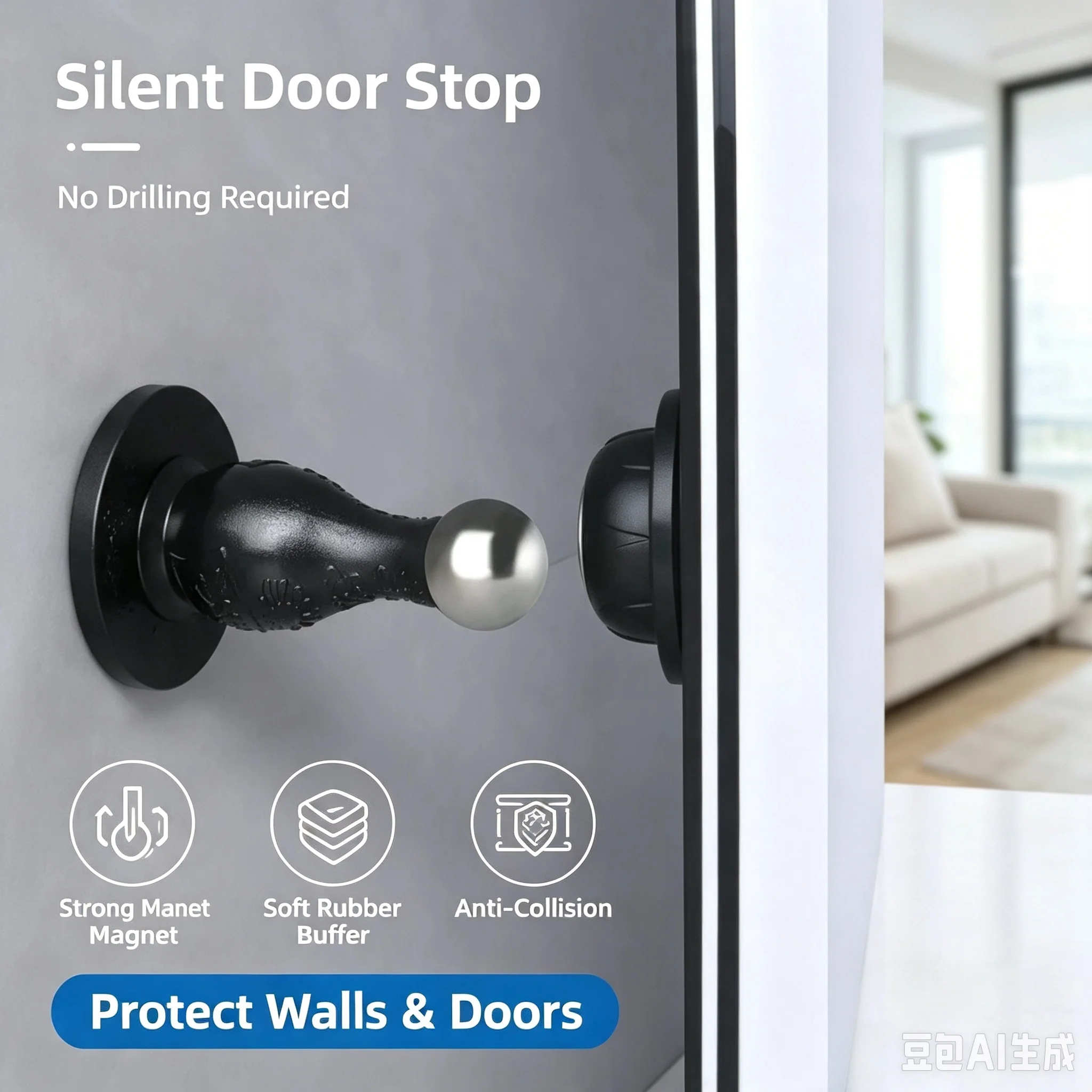 Drill-Free Silicone Door Stopper, New Magnetic Door Catch for Bathroom, Anti-Collision Door Stop, Strong Magnet Silent Floor Mou