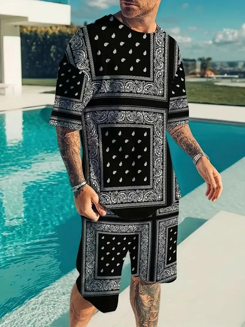 

Модный сращивающий цветочный узор кешью Y2k с круглым вырезом, короткими рукавами и шортами, удобный и дышащий трендовый мужской комплект футболок