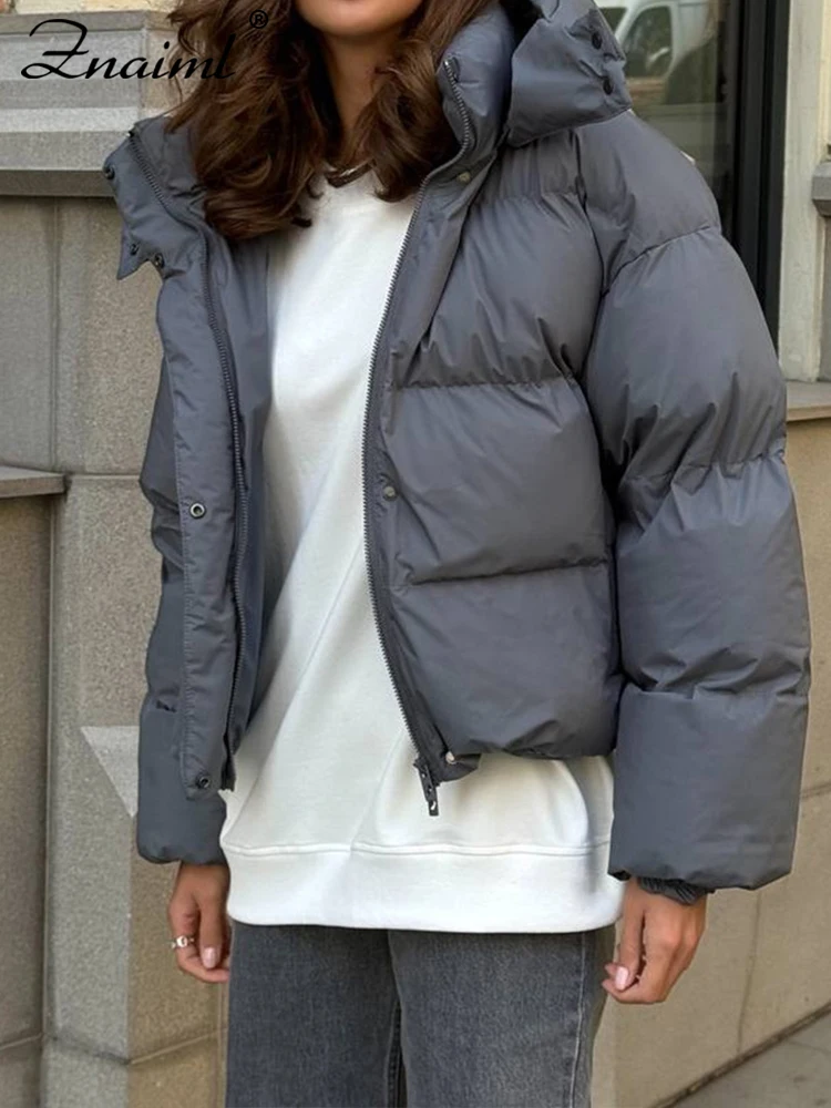 Znaiml Cotton Parkas Jacket with Hooded for Women Lapel Full Sleeve Winter Warm Loose Short Coats Fashion Streetwear Outwear