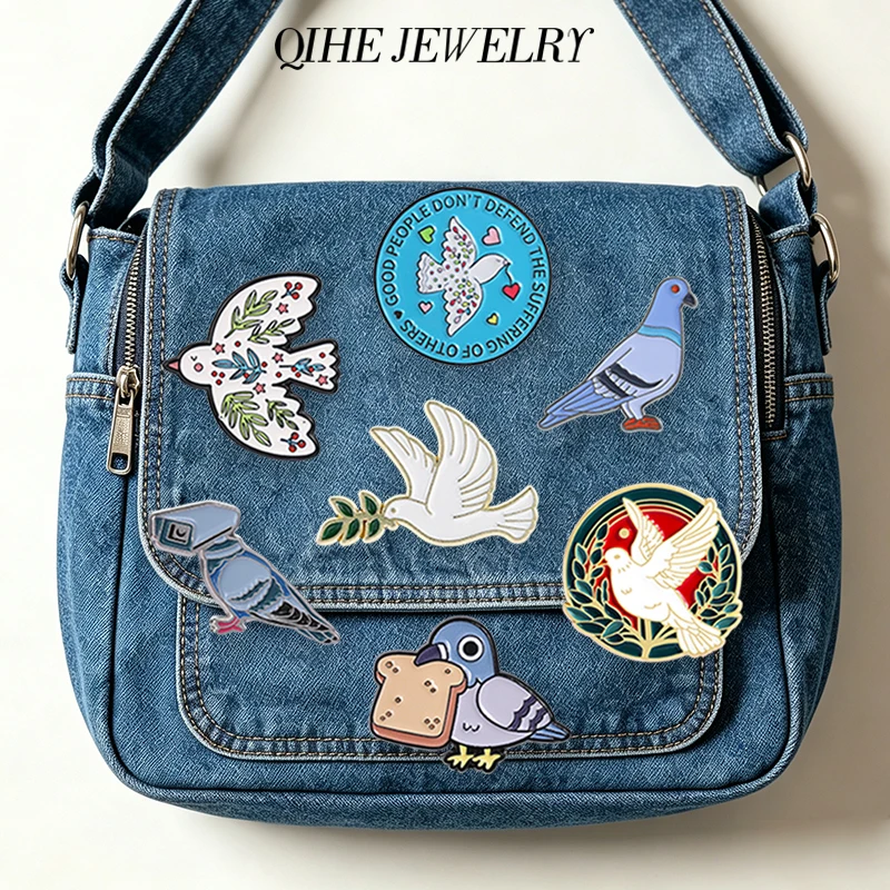 Cute Dove Olive Peace Pigeon Bird Enamel Pin Pigeon Holding a Toast Bread Surveillance Camera Pigeon Brooch Clothes Lapel Badge