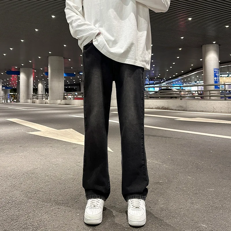 Autumn Winter Fleece Lined Flare Jeans Men's Slim Straight High Street Casual Denim Pants