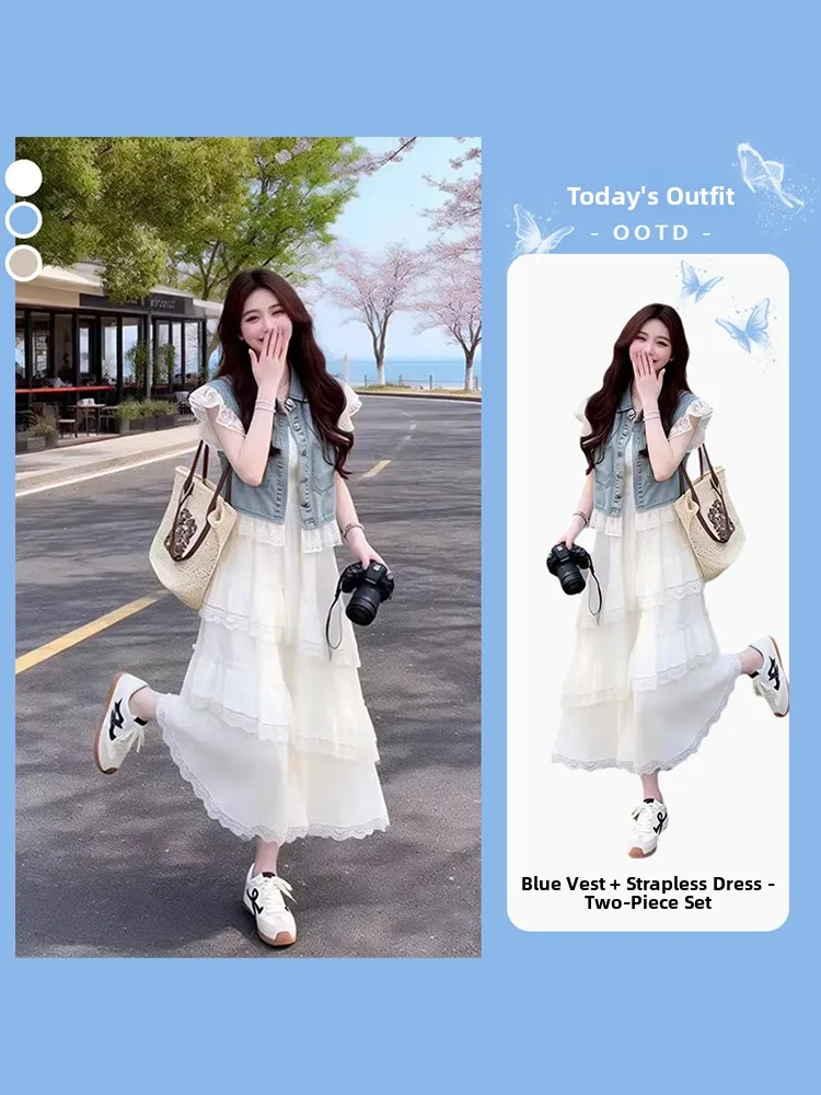 

Summer Commute Style Loose Fit Two-Piece Set Denim Lace Trim Splicing Women's High Waist Jeans Vest Cake Skirt Ensemble