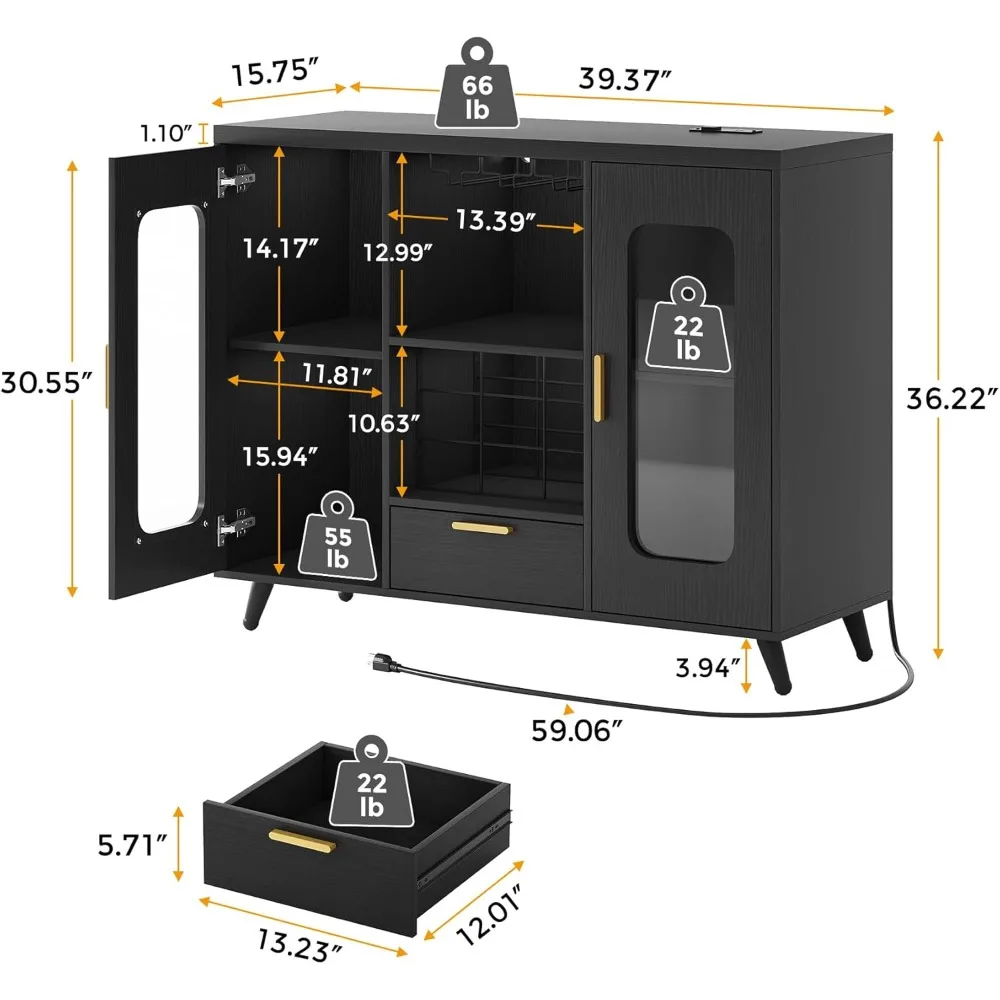 Modern Wine Bar Cabinet - with LED Light, Power Outlet, Wine Rack & Glasses Holder | Liquor Storage